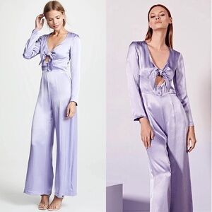 NWT STAUD Lilac Satin Long Sleeve Cutout Tie Front High Rise Wide Leg Jumpsuit 0